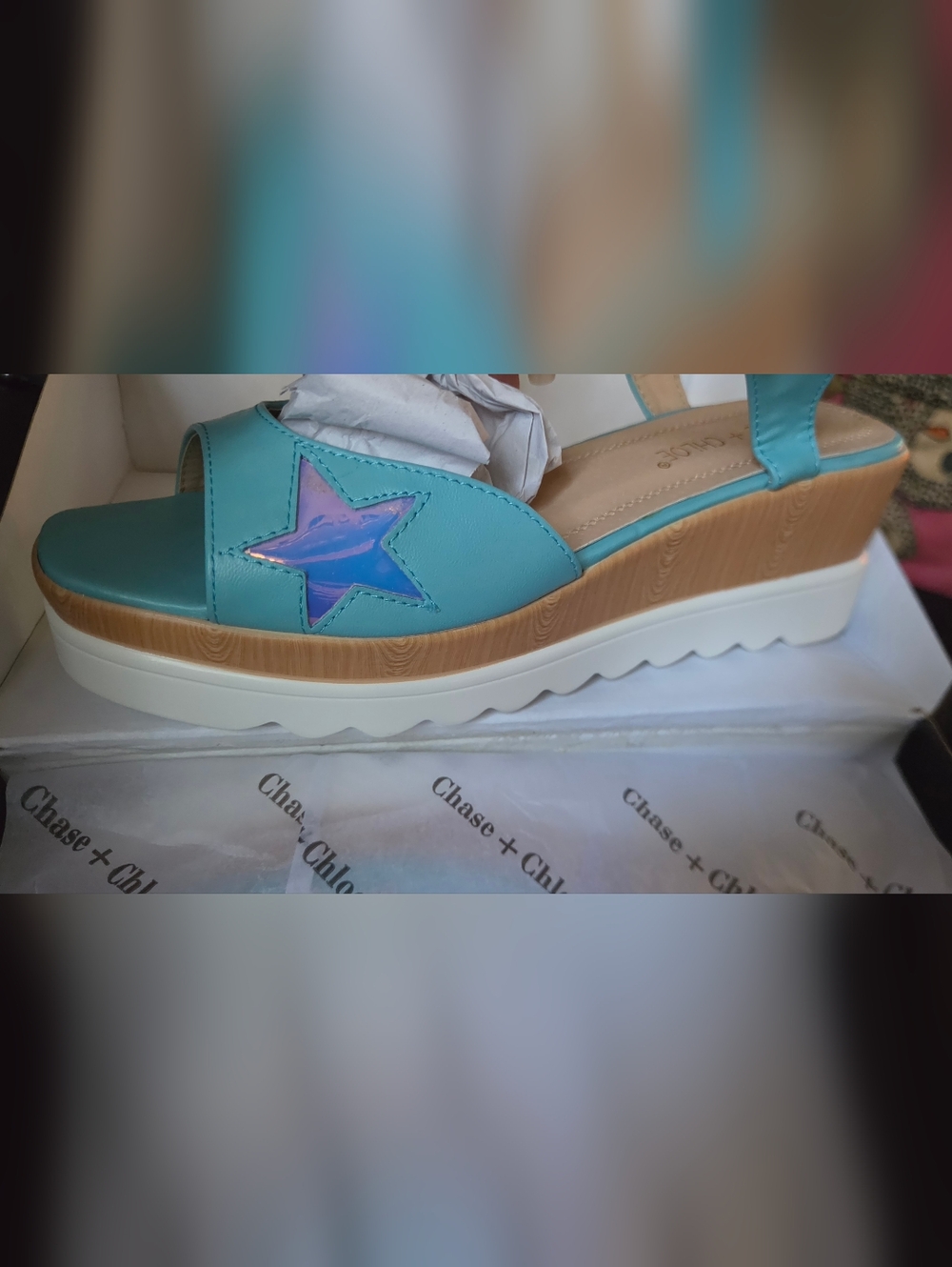 Chase&Cloe Turquoise Open-Toe Small Platform Sandals Star Accent Sz7.5 NIB - Picture 4 of 8